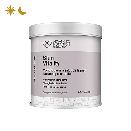 Cápsulas de SKIN VITALITY que nutren la piel, uñas y cabello con 28 nutrientes inteligentes, en un envase sostenible y vegano.