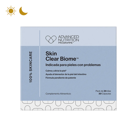 Cápsulas de Skin Clear Biome™ diseñadas para equilibrar la piel y mejorar la salud intestinal, con ingredientes de calidad y tecnología avanzada