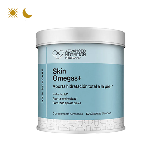 Cápsulas de Skin Omegas+ que ofrecen ácidos grasos omega 3 y 6 para una piel hidratada y luminosa.