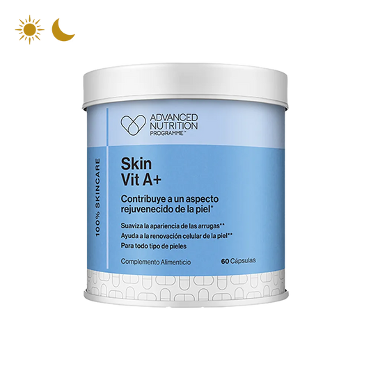 Cápsulas de Skin Vit A+ que combinan vitamina A y D para la renovación celular y el rejuvenecimiento de la piel.